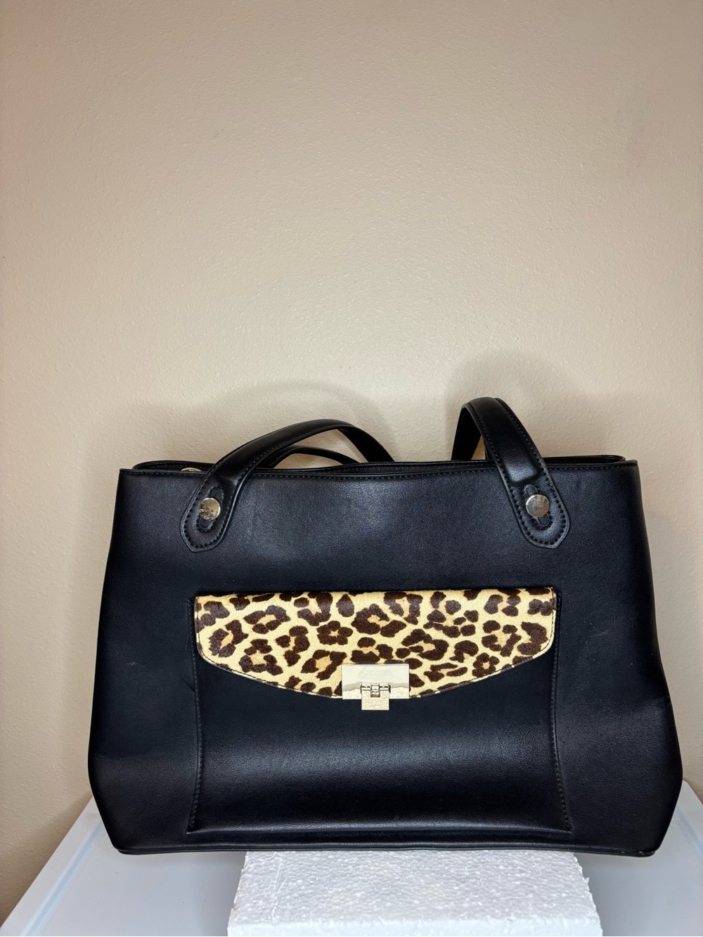 Kelly & Katie Purse Black & Leopard Print Oversized  3-in-1 Tote Satchel Bag